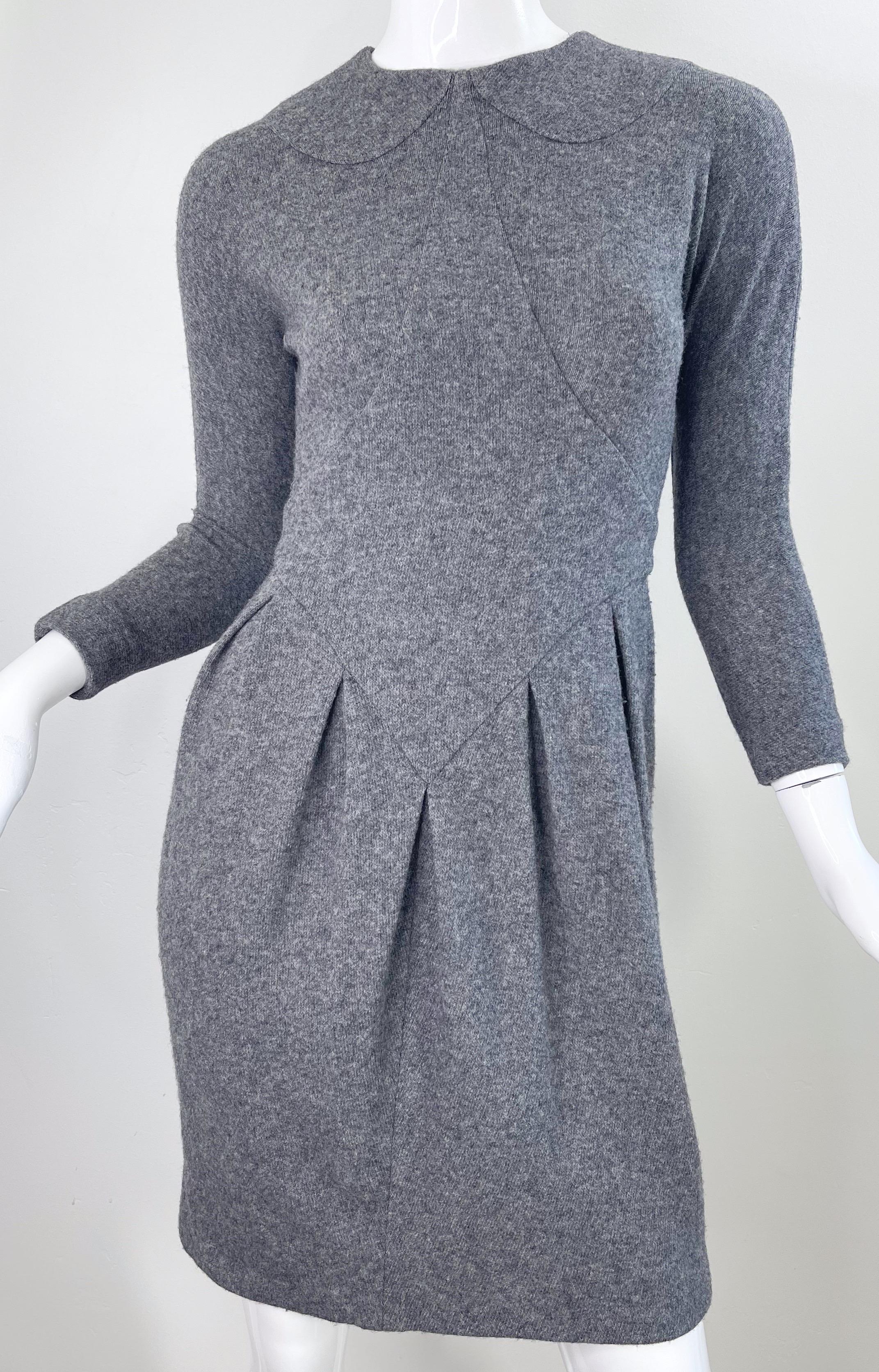 1990s Geoffrey Beene Grey Wool Long Sleeve Vintage 90s Gray Dress For Sale 5