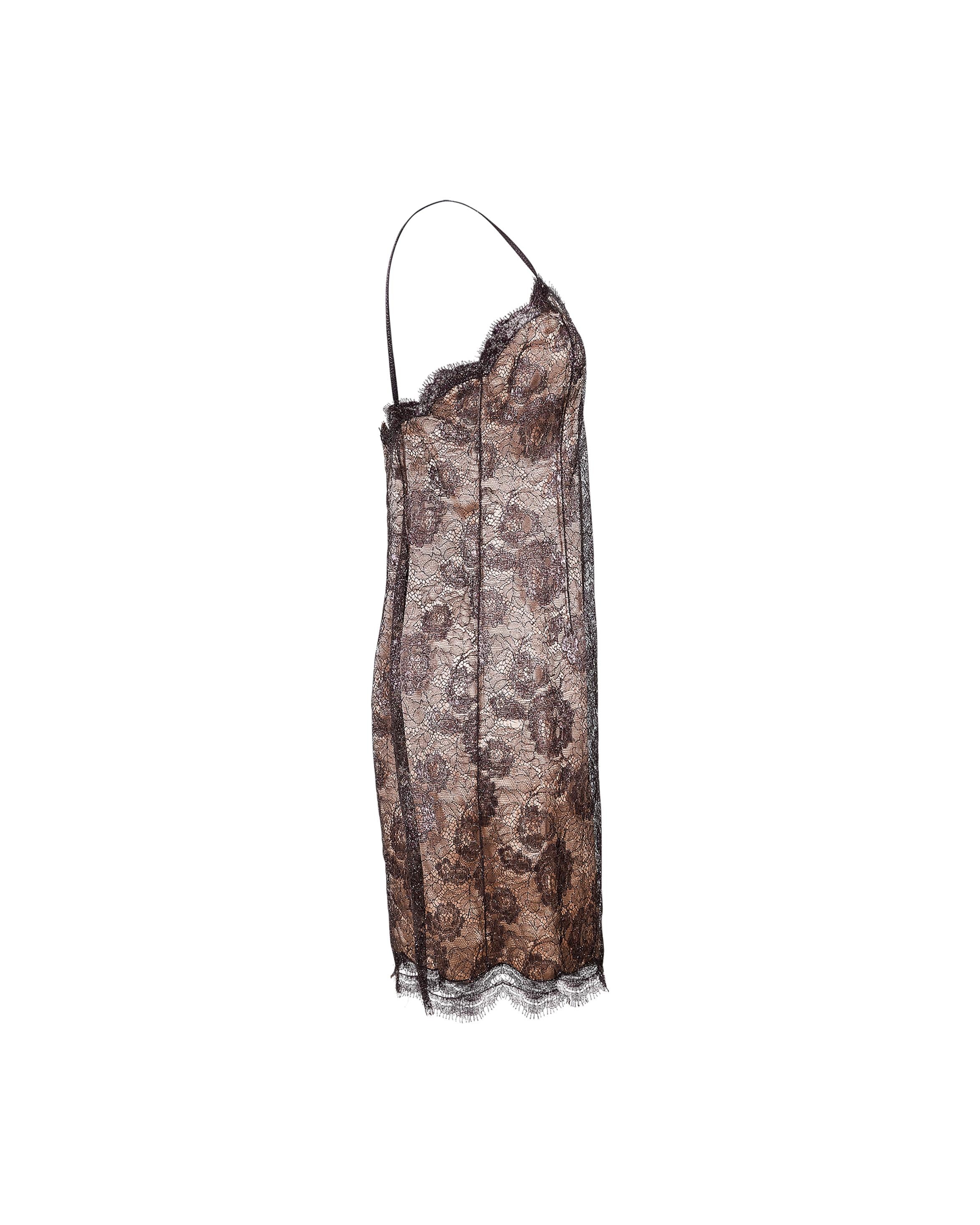 1990's Geoffrey Beene metallic lace slip dress. Tan mini dress with purple-gold lace overlay. Spaghetti strap dress with hidden back zip closure. Similar pieces featured in the MET Museum.