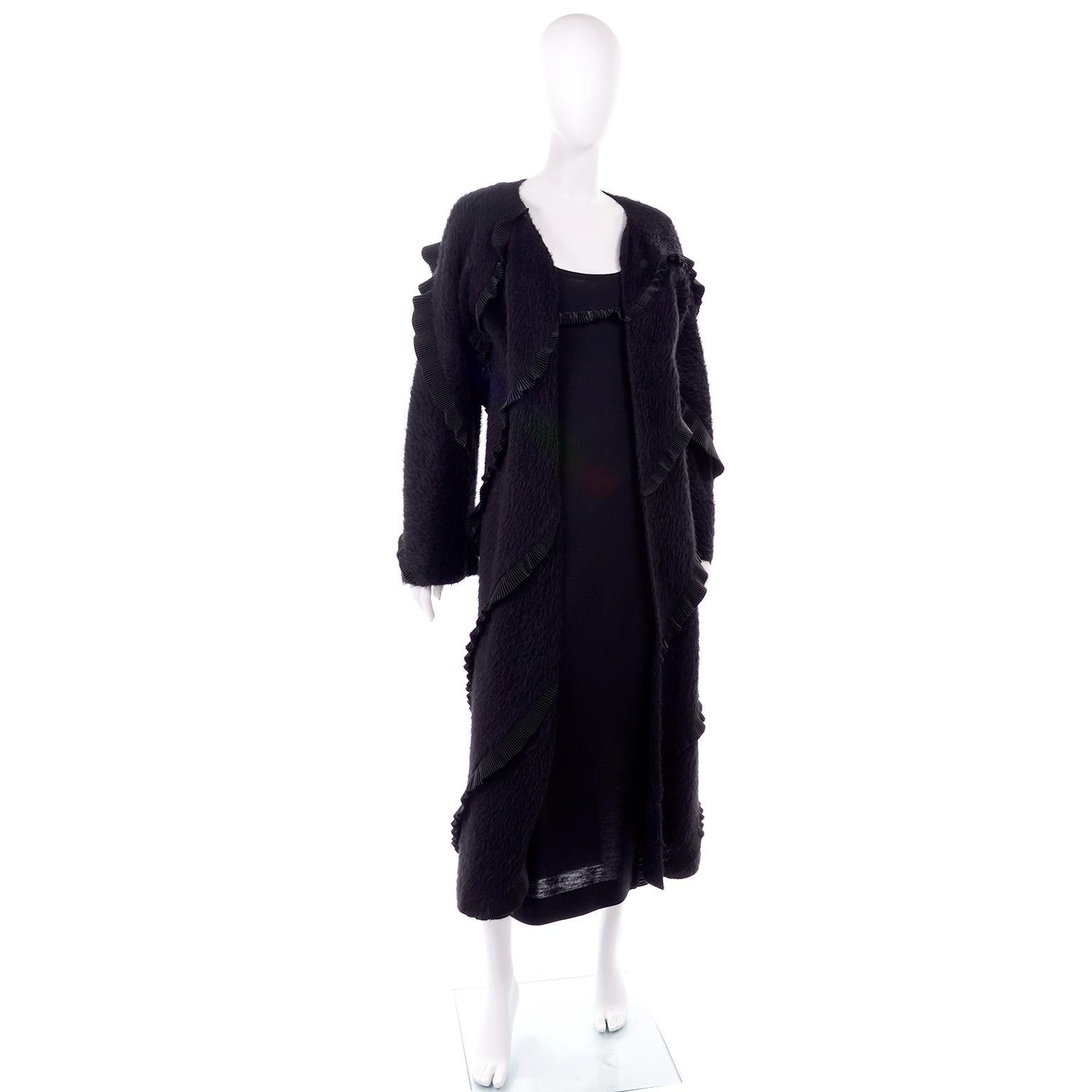1990s Geoffrey Beene Vintage Black Alpaca Dress and Coat Ensemble For Sale 4