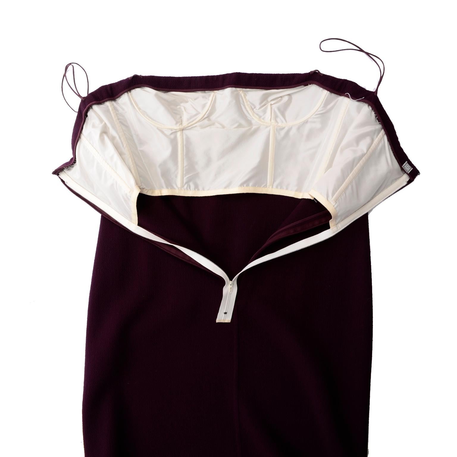 1990s Geoffrey Beene Vintage Burgundy Alpaca Coat W Matching Strapless Dress For Sale 3