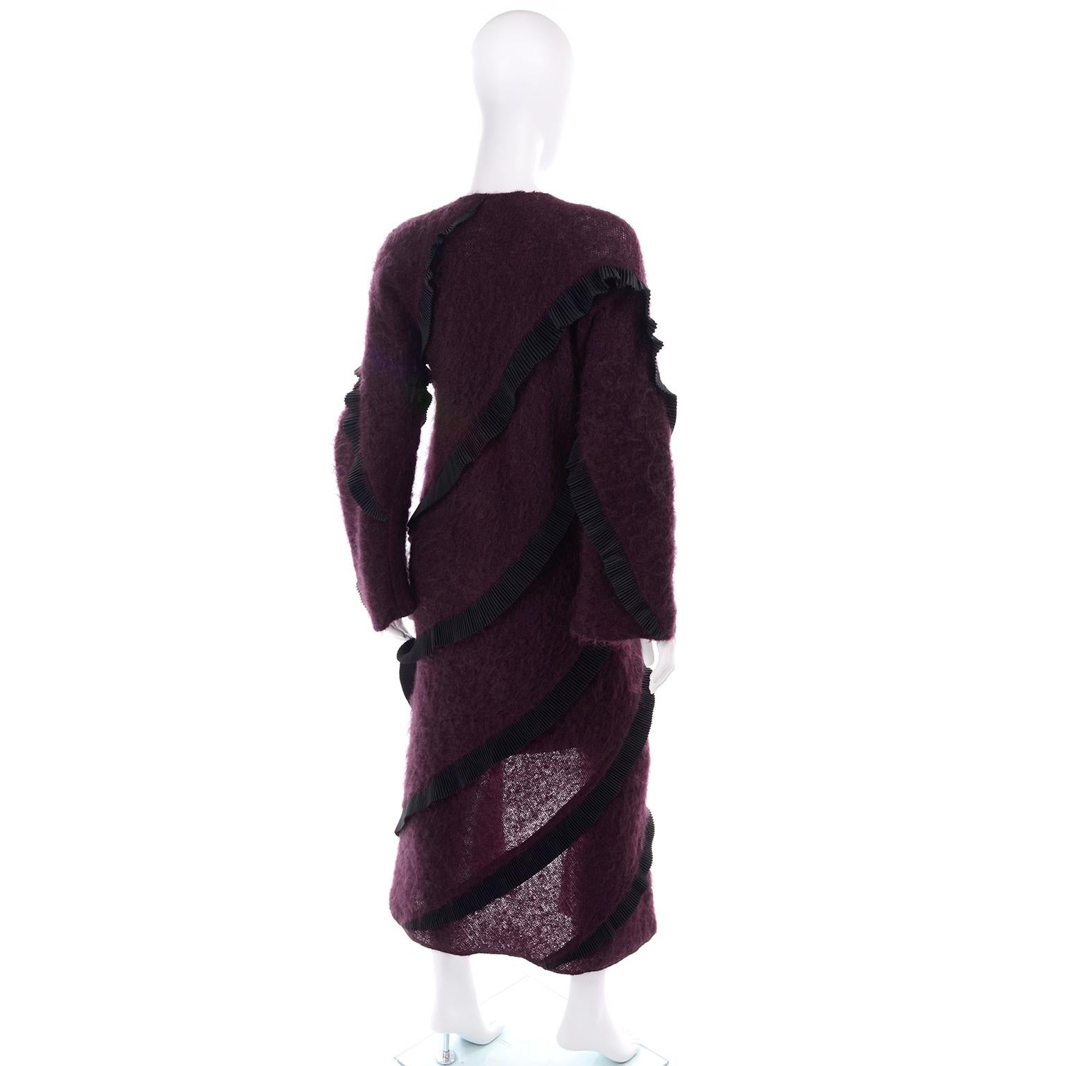 1990s Geoffrey Beene Vintage Burgundy Alpaca Coat W Matching Strapless Dress In Excellent Condition For Sale In Portland, OR