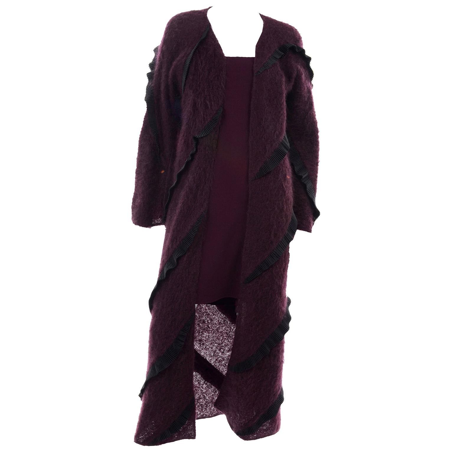 1990s Geoffrey Beene Vintage Burgundy Alpaca Coat W Matching Strapless Dress For Sale