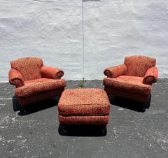 1990s George Smith Style Damask Velvet Castors Library Chairs Ottoman
