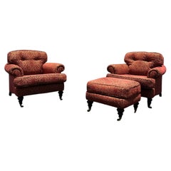 1990s George Smith Style Damask Velvet Castors Library Chairs Ottoman
