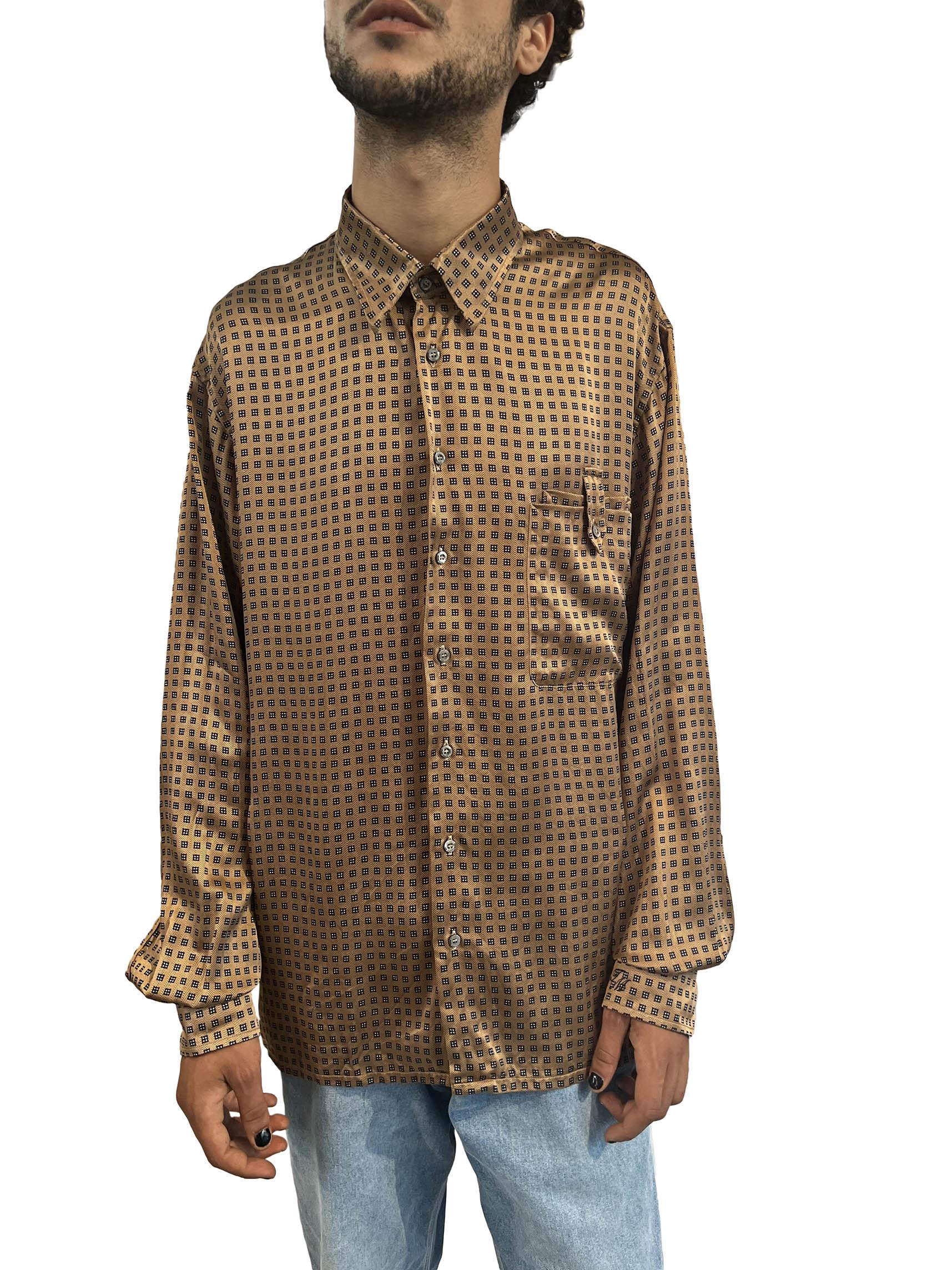 Brown 1990S Gerlin Black & Gold Silk Satin Custom Made Men's Long Sleeve Shirt