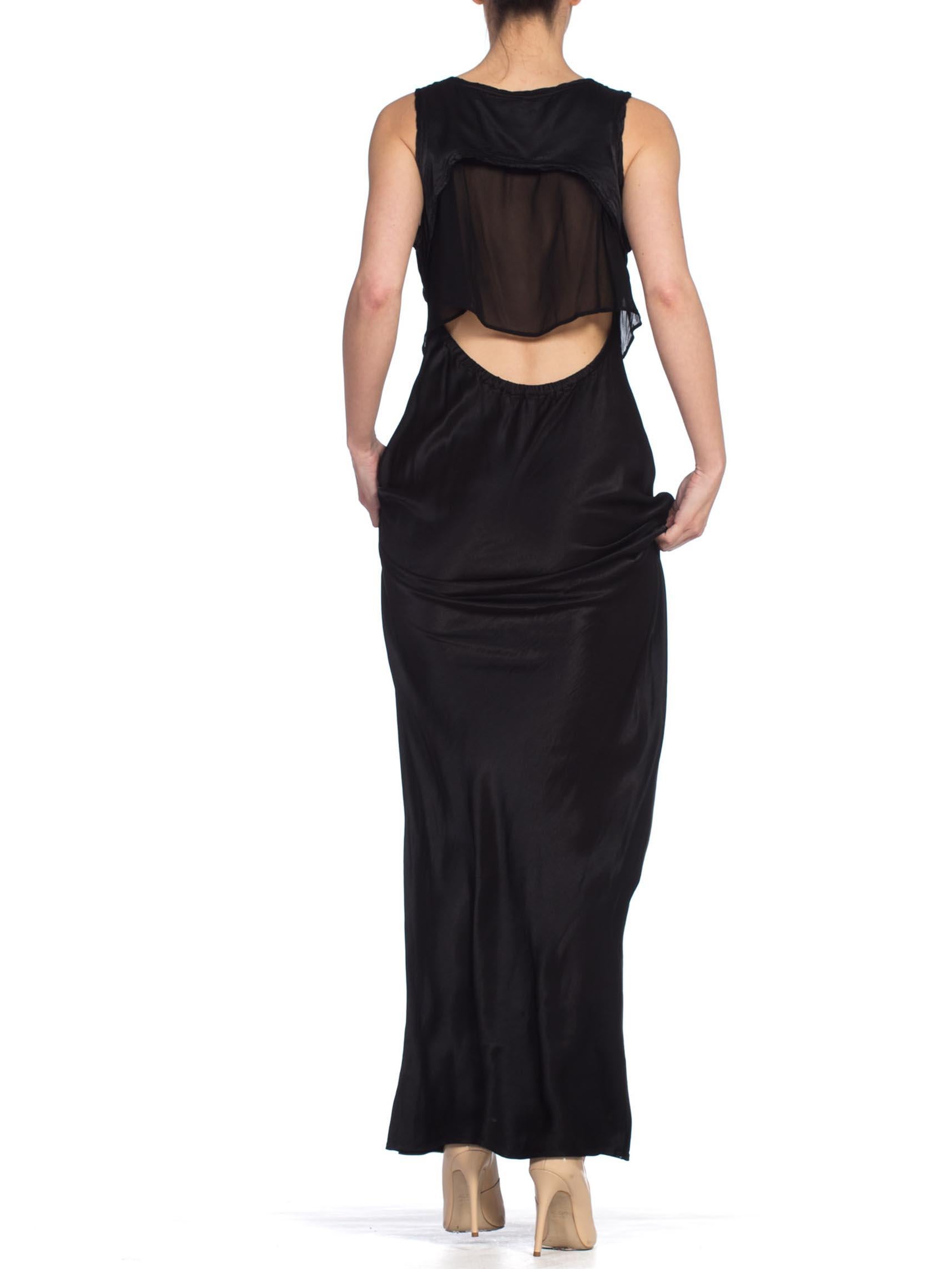 1990S GHOST Black Rayon Charmeuse Minimal Bias Cut Backless Gown With Chiffon P In Excellent Condition In New York, NY