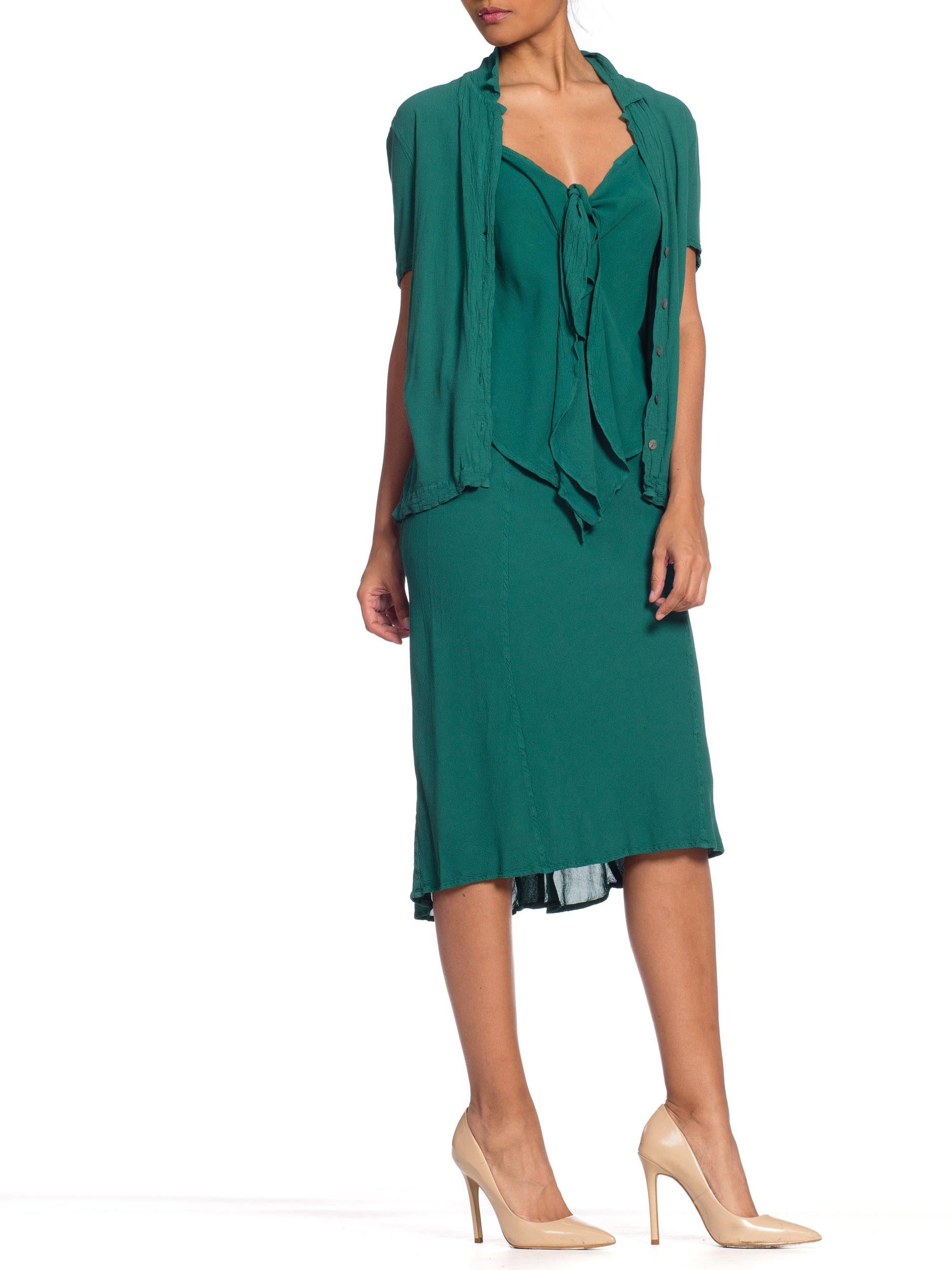 Women's 1990s Ghost Bottle Green Bias Rayon Crepe 3-Piece Skirt, Cami & Top