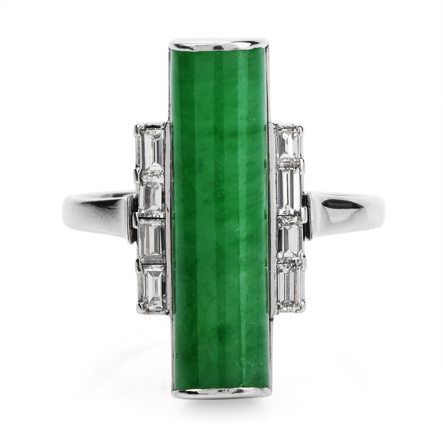 Deco Style Estate Bar Design Cocktail Ring!

This particular & interesting Cocktail Ring is Crafted in Solid Platinum,

weights 6.7 grams and the top measures 11 mm x 21 mm,

The center is a GIA Certified natural Jadeite Jade, Natural Color Cylinder