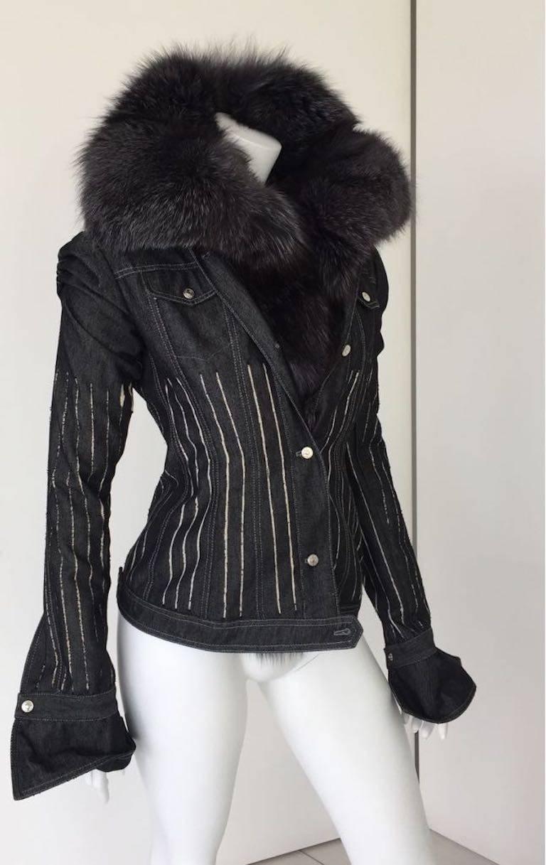 Black 2000s Gianfranco Ferrè Silver Fox Fur Collar Jacket For Sale