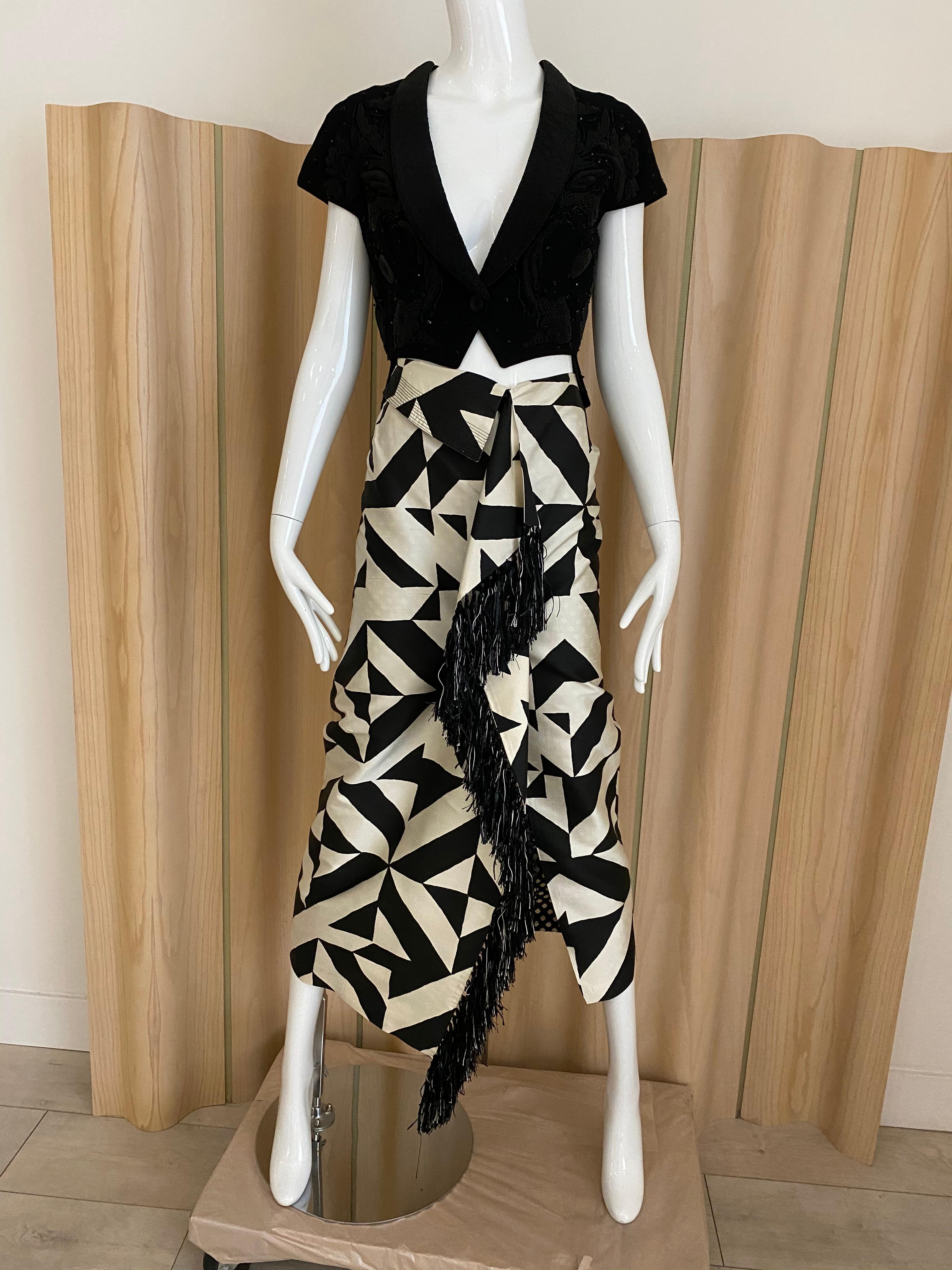 Beige 1990s Gianfranco Ferre Black and White Graphic Print Silk Skirt