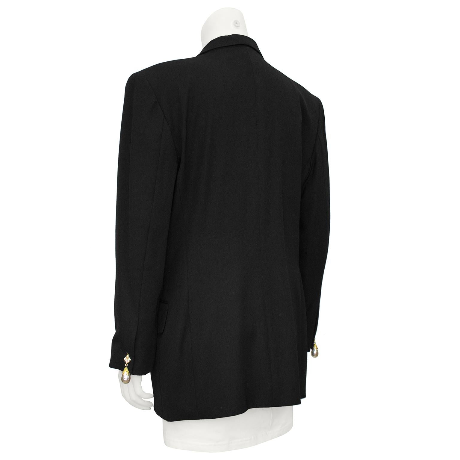 1990s Gianfranco Ferre Black Blazer with Baroque Pearl & Gold Chain  In Good Condition For Sale In Toronto, Ontario