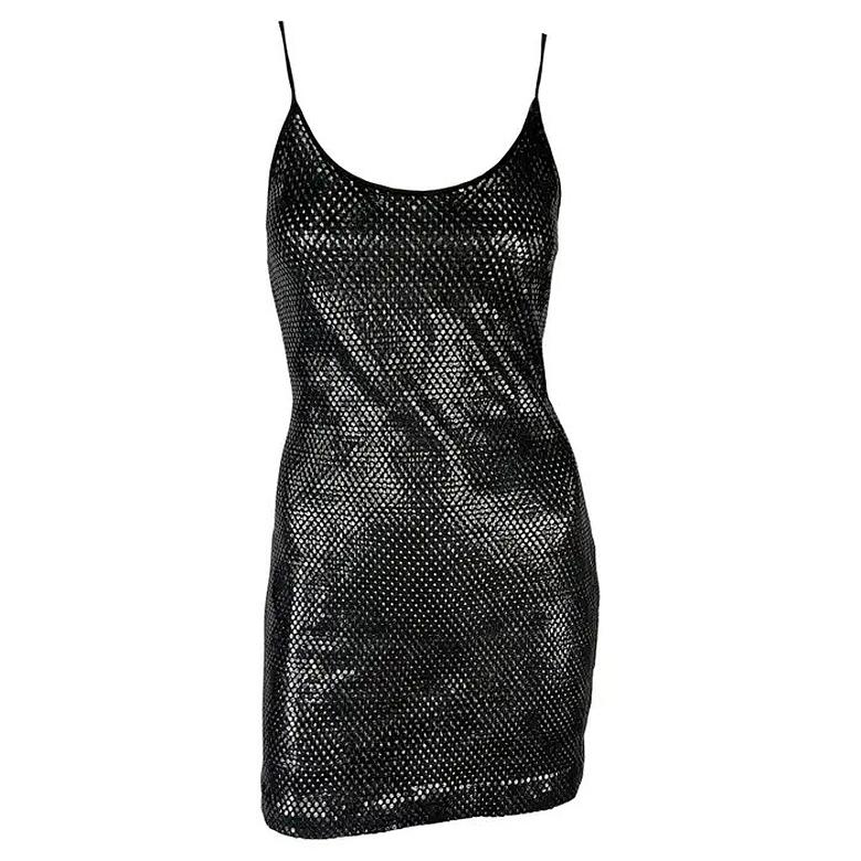 Mini Vestido Bodycon Gianfranco Ferré Recortado Negro de Paillette Transparente de los años 90 en venta