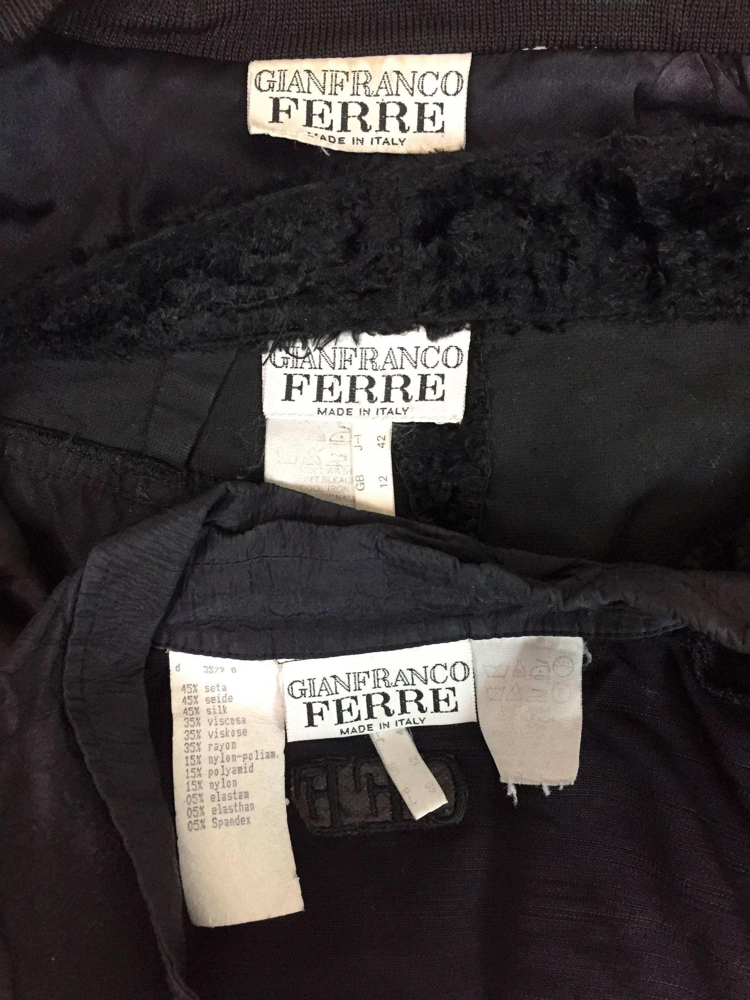 1990's Gianfranco Ferre Black Faux Fur Bomber Jacket Skirt & Bodysuit Ensemble 3