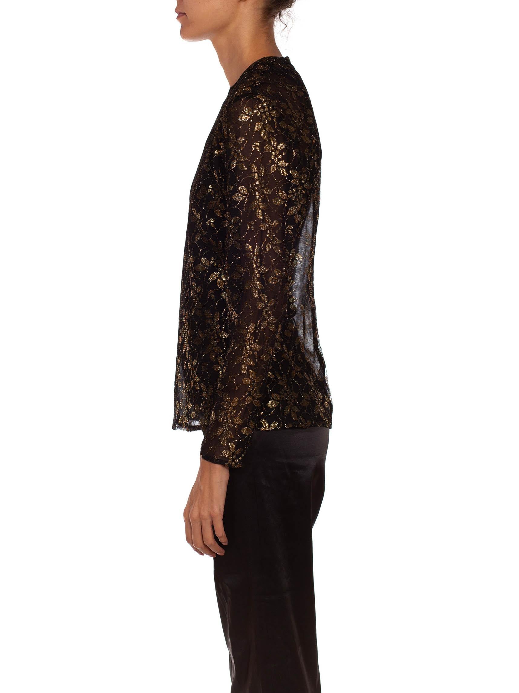 1990S GIANFRANCO FERRE Black & Gold Silk Lace Blouse In Excellent Condition In New York, NY
