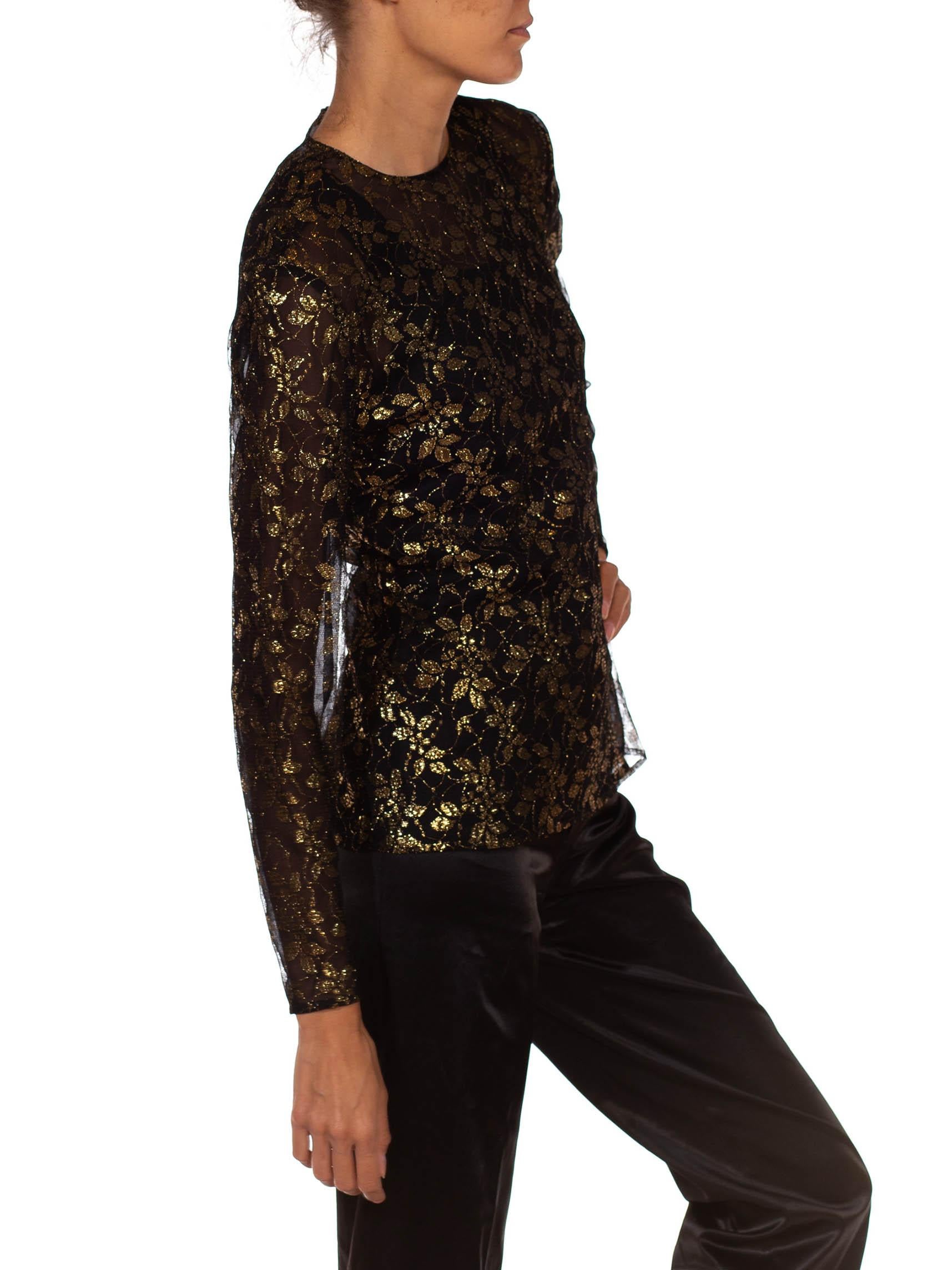 1990er GIANFRANCO FERRE Bluse aus schwarzer und goldener Seidenspitze (Schwarz)