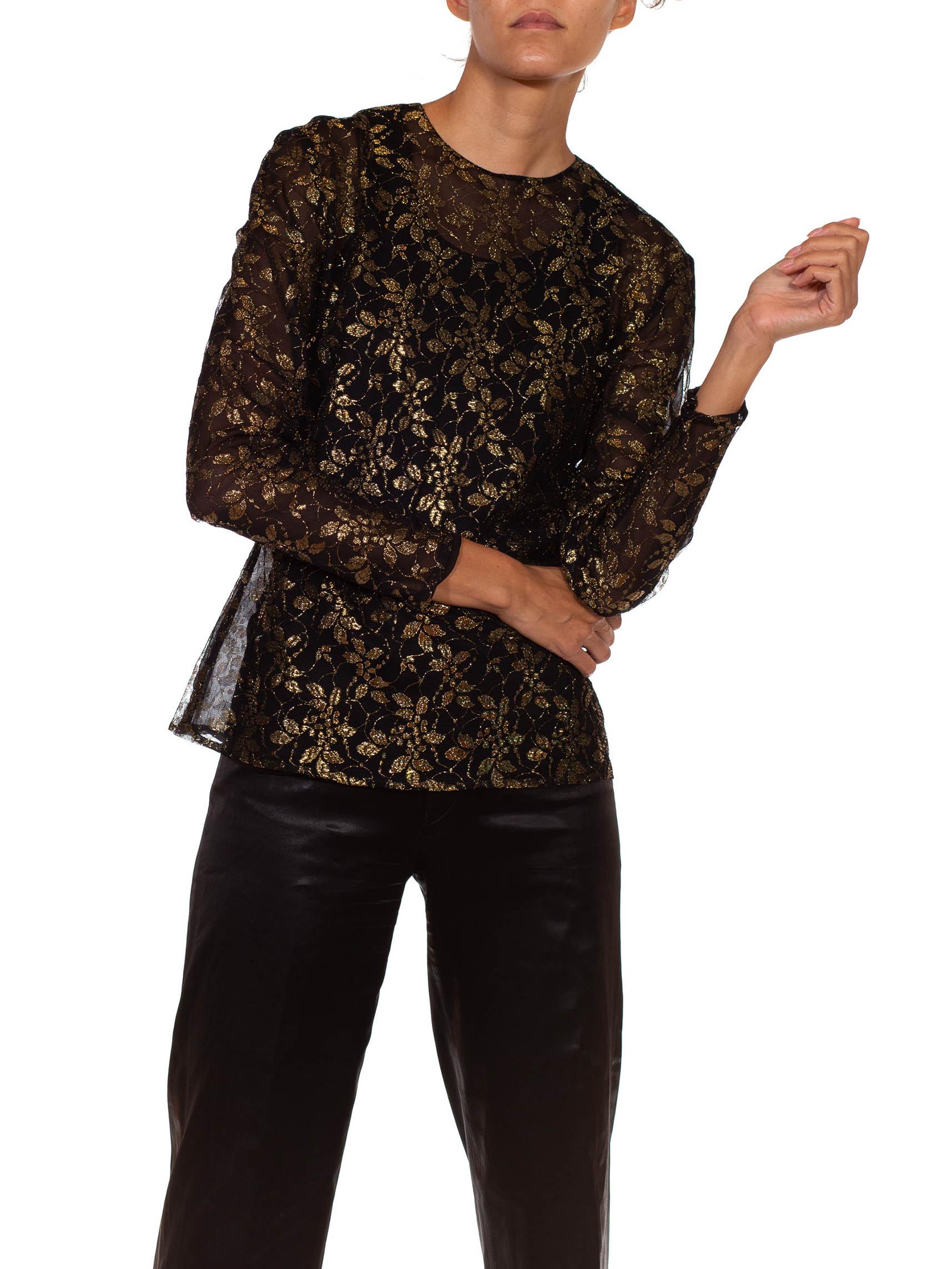 1990er GIANFRANCO FERRE Bluse aus schwarzer und goldener Seidenspitze Damen