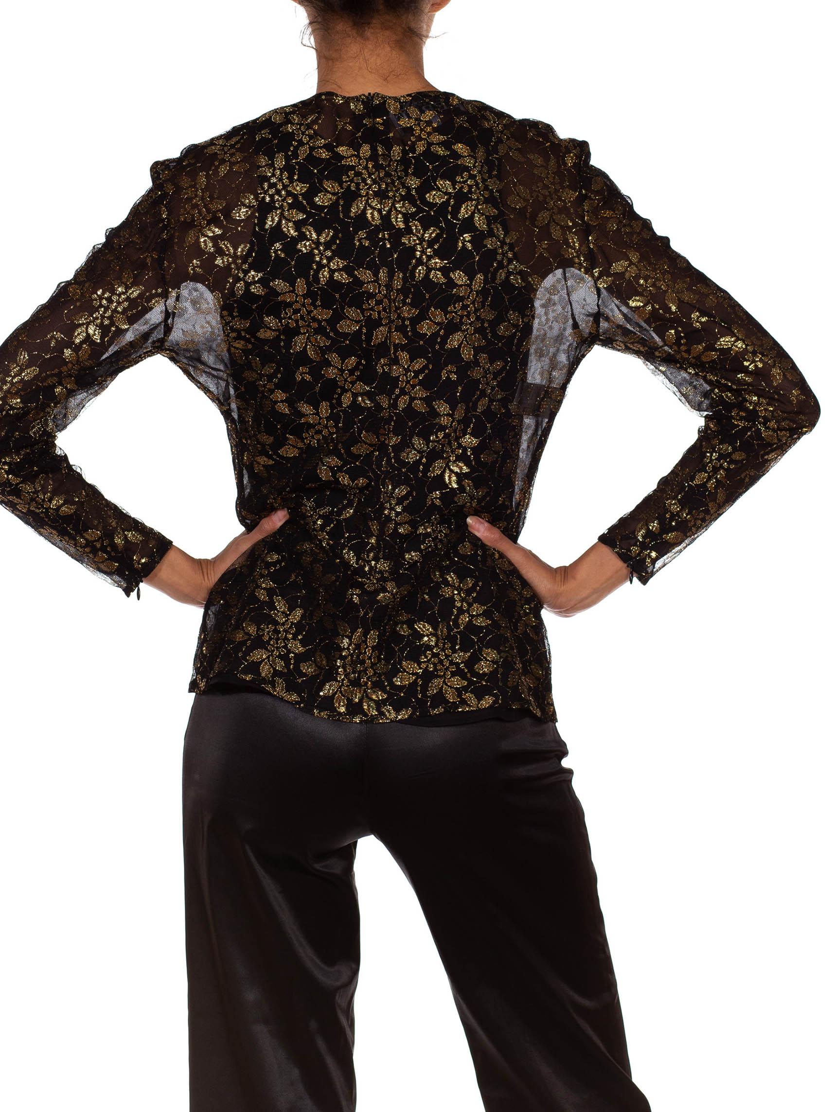 1990er GIANFRANCO FERRE Bluse aus schwarzer und goldener Seidenspitze 2
