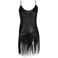 1990
s Gianfranco Ferre Black Leather Fringe Tunic Top Mini Dress