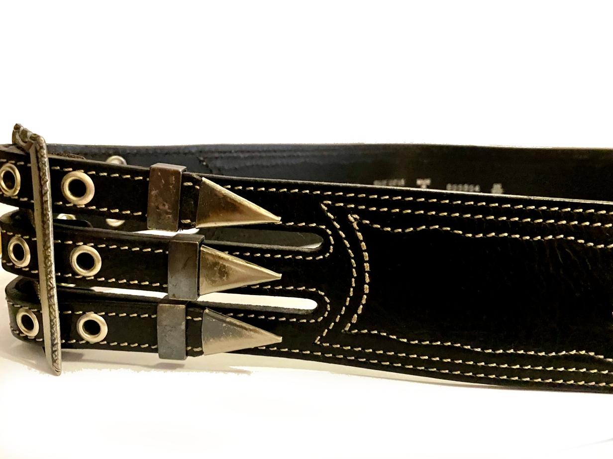 Women's or Men's 1990s Gianfranco Ferre Black Leather Metal Spike Belt For Sale