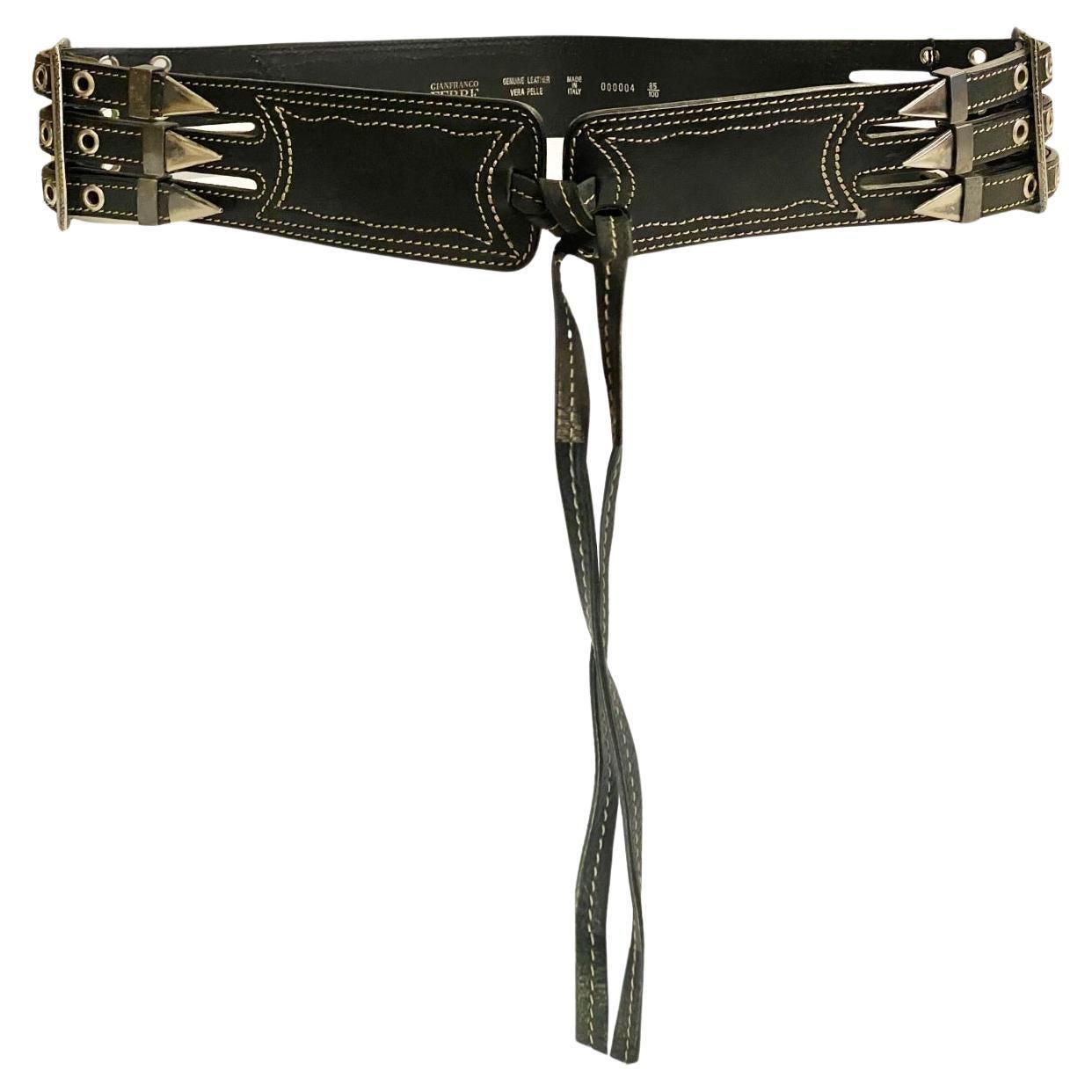 1990s Gianfranco Ferre Black Leather Metal Spike Belt For Sale