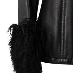 1990s Gianfranco Ferre Black Leather Mongolian Shearling Cuff Moto Jacket