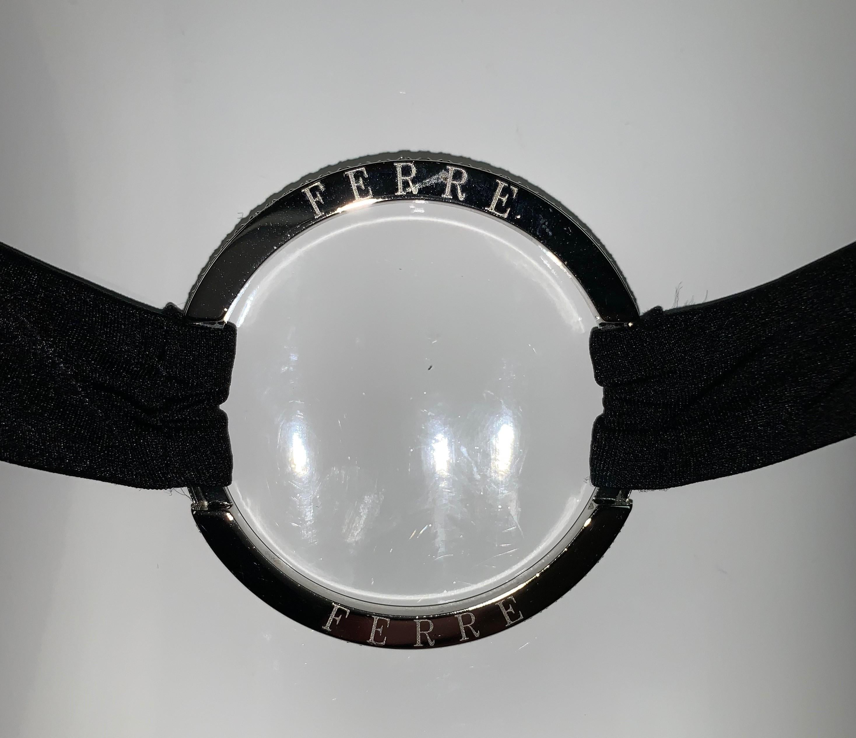 1990's Gianfranco Ferre Black Plunging Metal Logo Circle Long Black Gown Dress In Good Condition In Yukon, OK