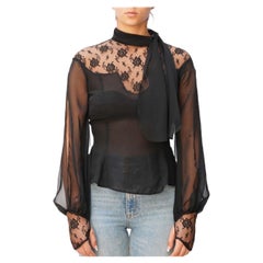 1990S GIANFRANCO FERRE Black Sheer Chiffon Turtle Neck Bow Blouse
