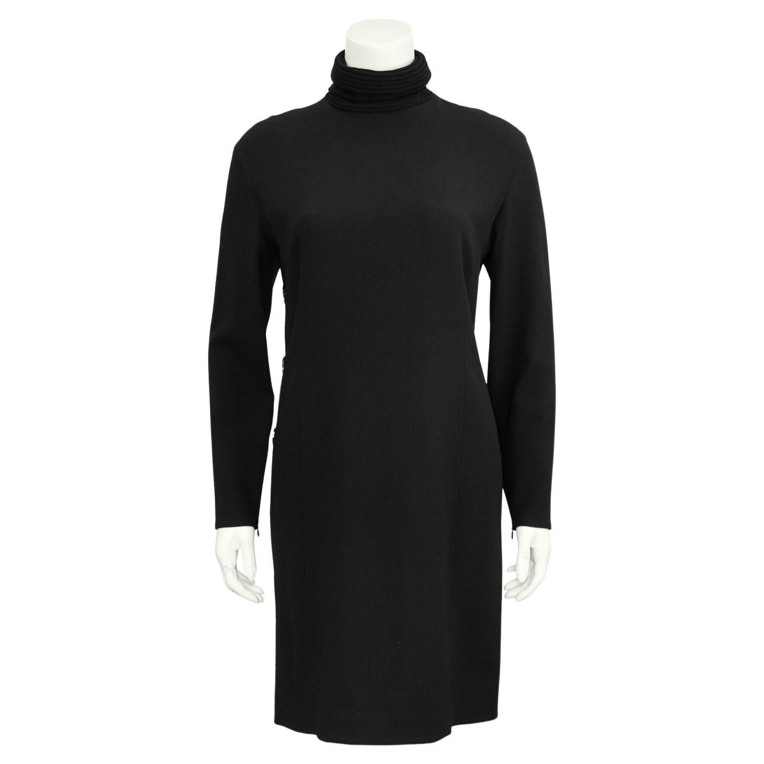 1990s Gianfranco Ferre Black Turtleneck Dress with Button Detail For Sale