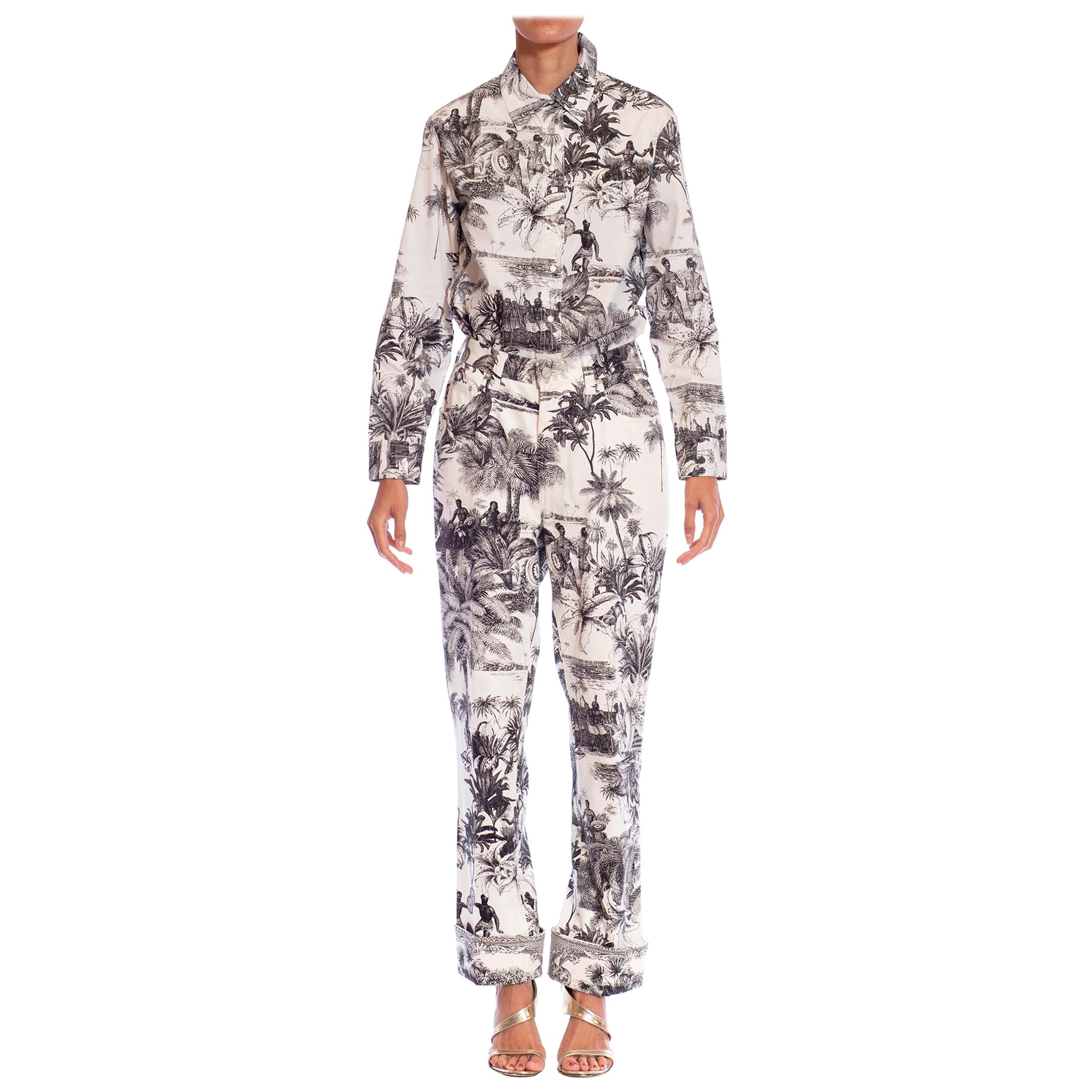 1990S GIANFRANCO FERRE Conjunto Chaqueta Pantalones Algodón Tropical Blanco y Negro