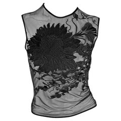 1990s Gianfranco Ferré Floral Embroidered Sheer Black Sleeveless Top