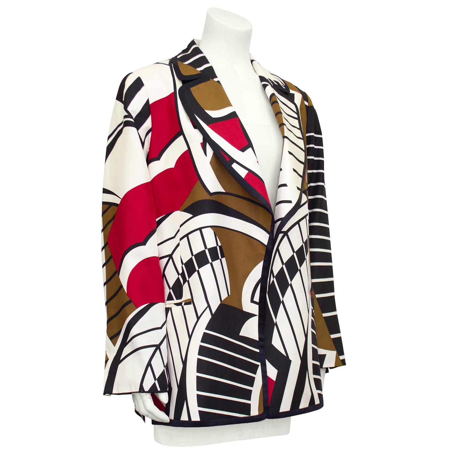 1990s Gianfranco Ferre white, brown, black and deep red graphic and abstract geometric silk blazer. Notched collar, hook and eye closures, faux horizontal slit pockets and side slits. Black satin trim. Hem of sleeves is lined in matching black satin