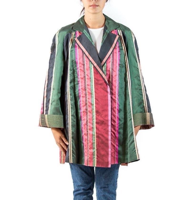 Black 1990S Gianfranco Ferre Green Pink Silk & Lurex Jacket For Sale