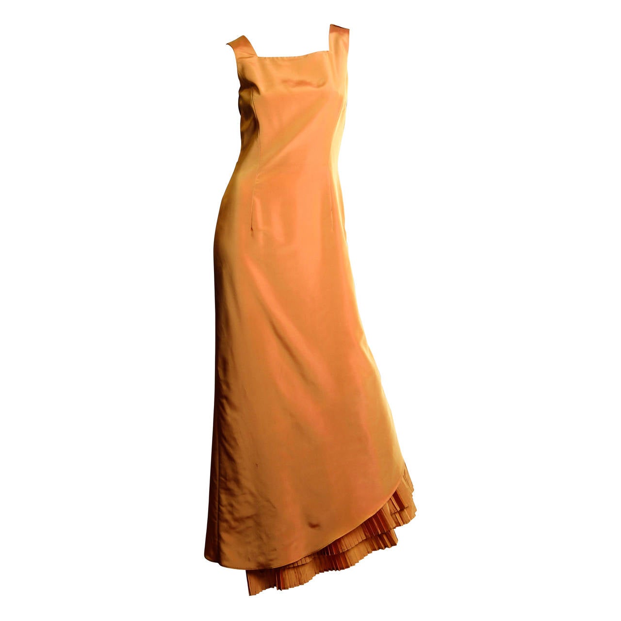 Tagged a US 6 1990S GIANFRANCO FERRE Light Orange Irridescent Acetate Taffeta Gown With Dramatic Pleated Ruffled Back 