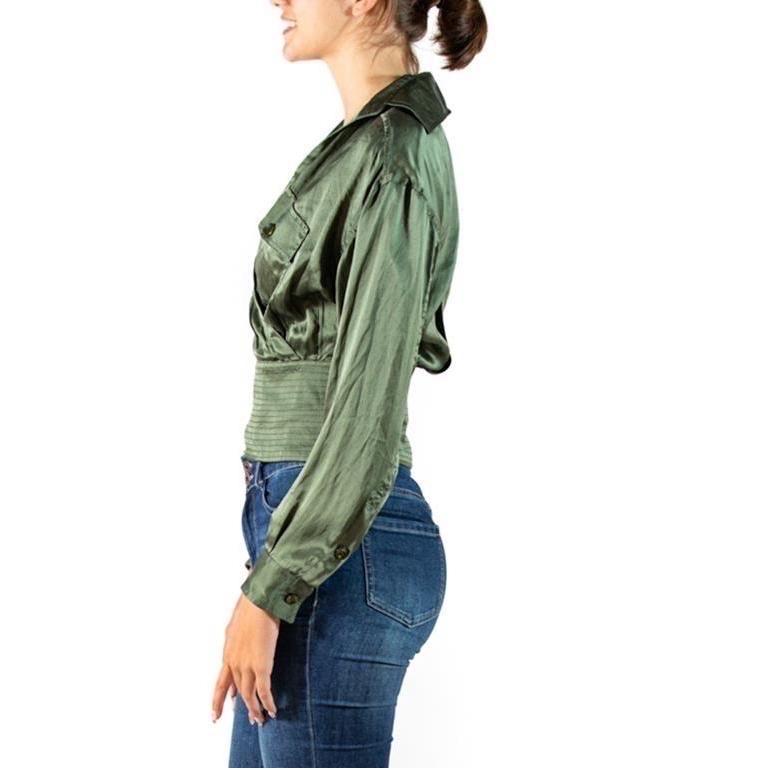 Black 1990S GIANFRANCO FERRE Olive Green Silk Charmeuse Blouse For Sale