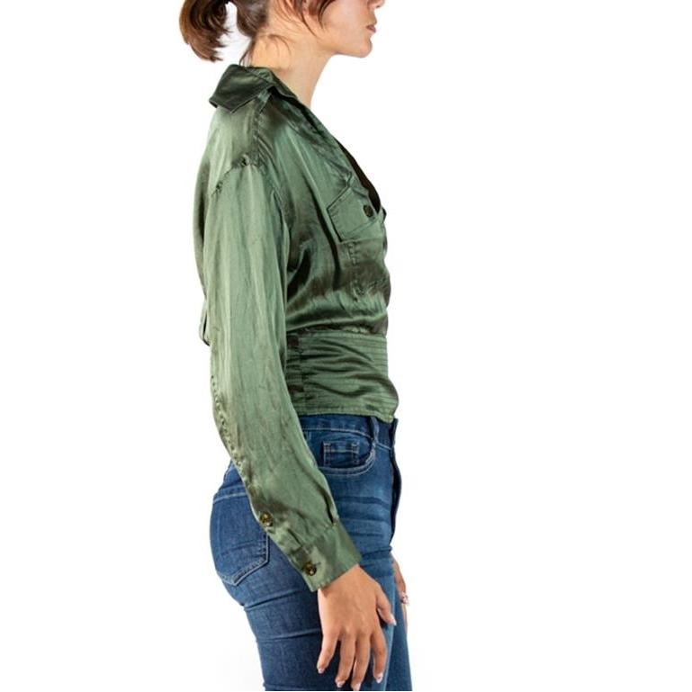 1990S GIANFRANCO FERRE Olive Green Silk Charmeuse Blouse In Excellent Condition For Sale In New York, NY