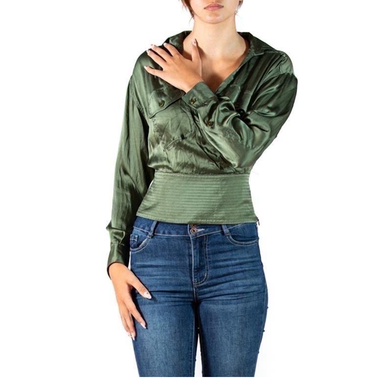Women's 1990S GIANFRANCO FERRE Olive Green Silk Charmeuse Blouse For Sale