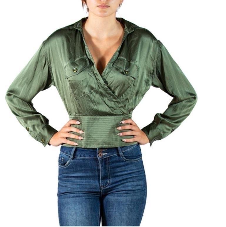 1990S GIANFRANCO FERRE Olive Green Silk Charmeuse Blouse For Sale 1