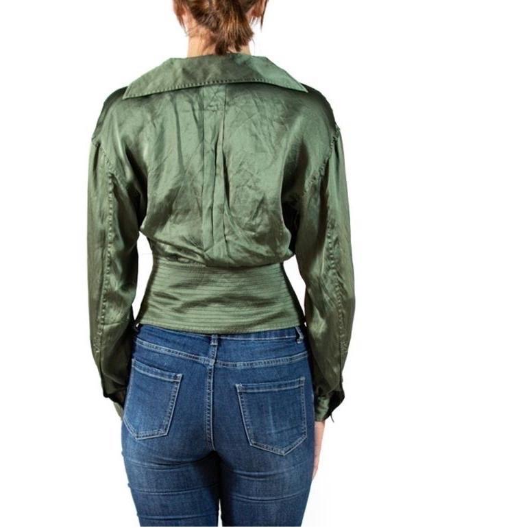 1990S GIANFRANCO FERRE Olive Green Silk Charmeuse Blouse For Sale 2