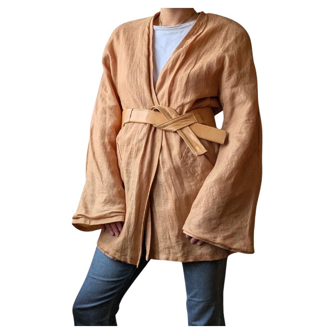 1990s Gianfranco Ferré Reversible Linen Taffeta Kimono Coat with Leather Belt
