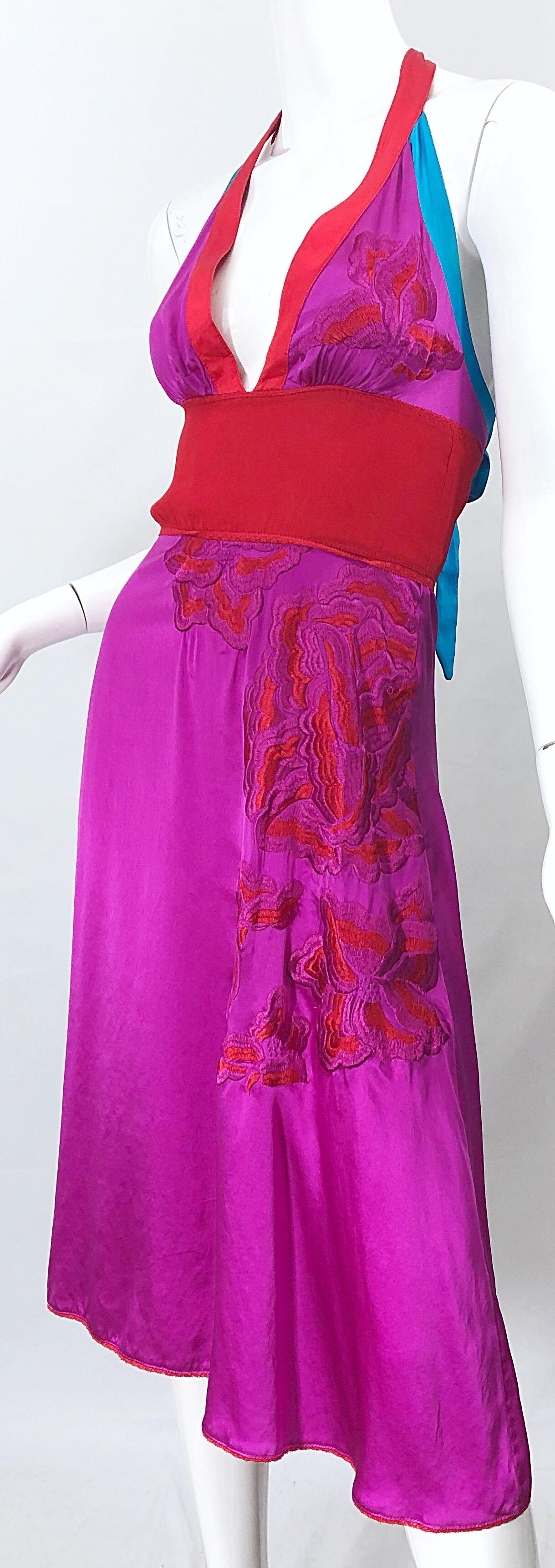 1990s Gianfranco Ferre Sexy Embroidered Hot Pink Red Blue Vintage Halter Dress 5