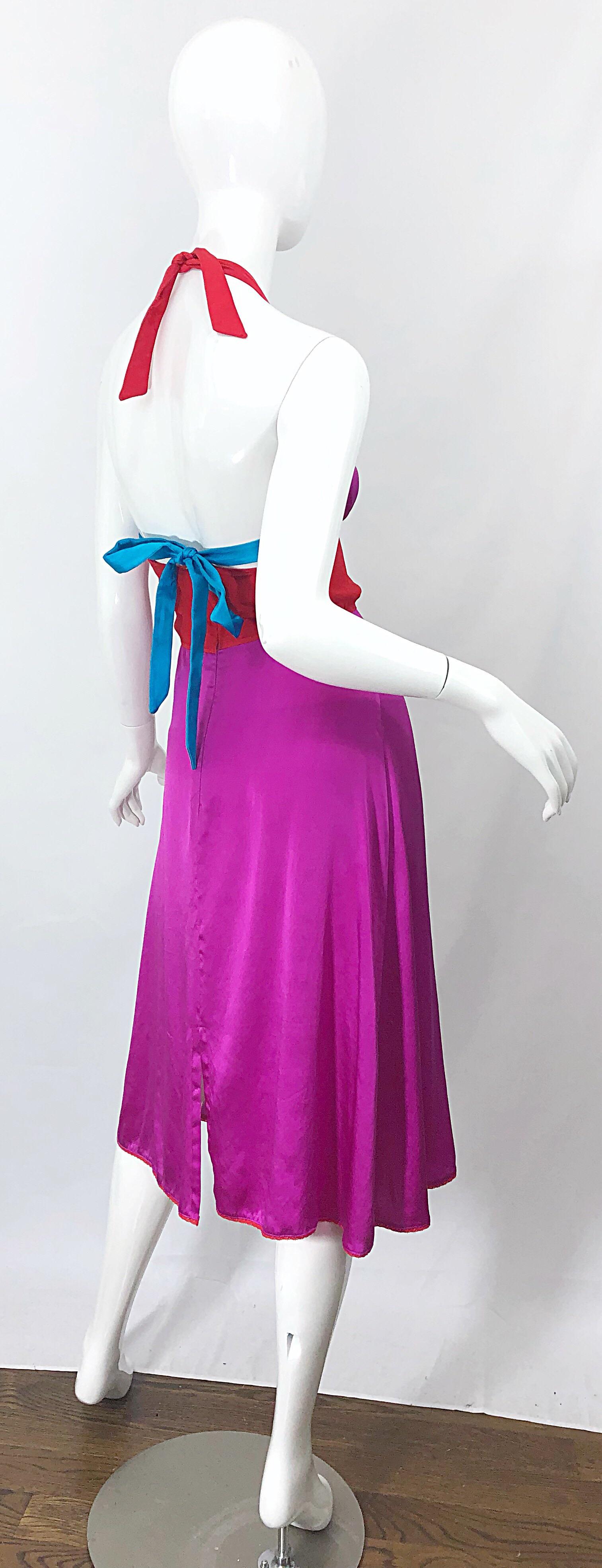 1990s Gianfranco Ferre Sexy Embroidered Hot Pink Red Blue Vintage Halter Dress 6