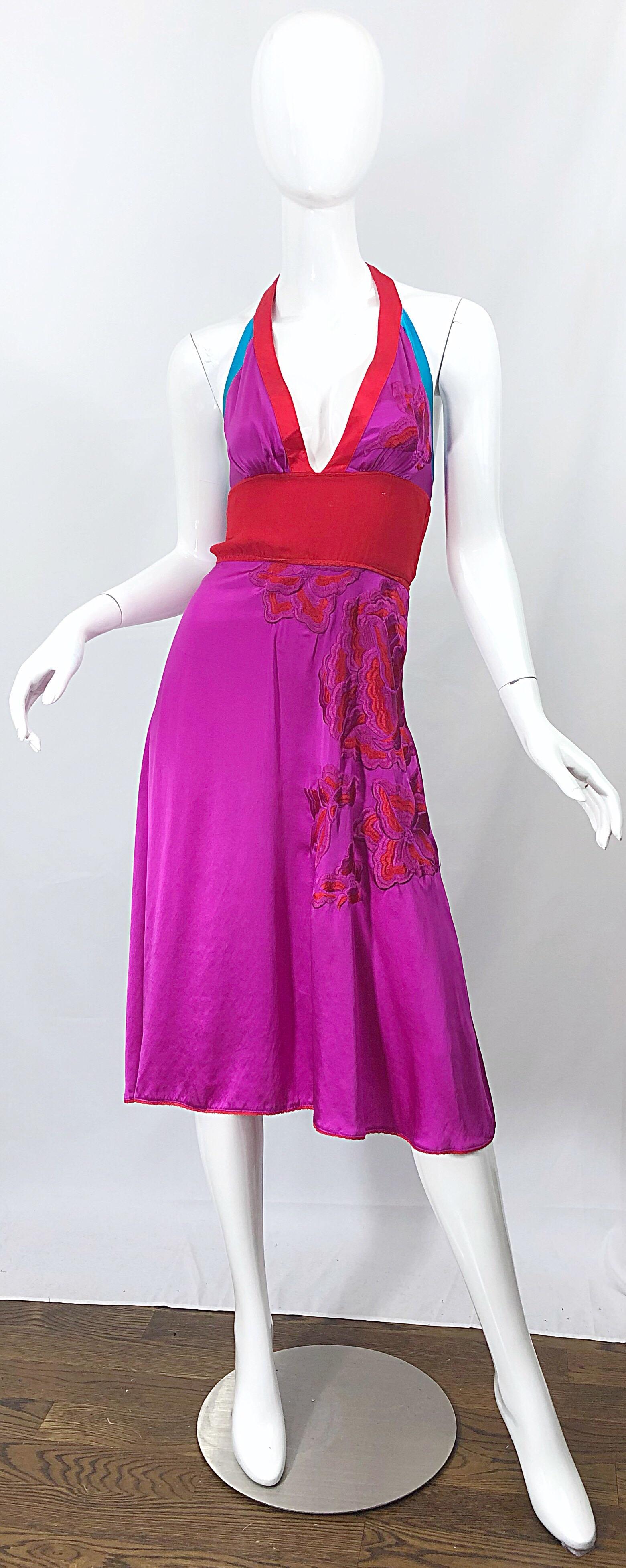 1990s Gianfranco Ferre Sexy Embroidered Hot Pink Red Blue Vintage Halter Dress 7