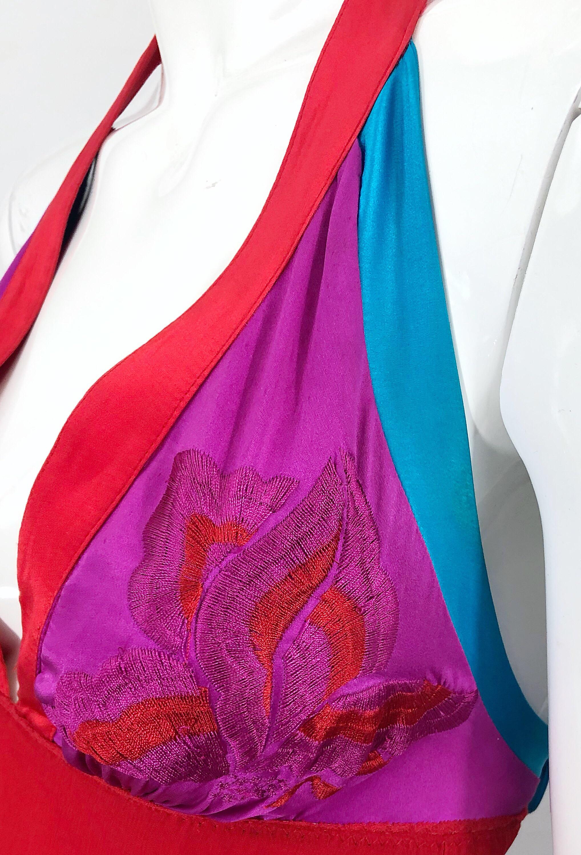 Purple 1990s Gianfranco Ferre Sexy Embroidered Hot Pink Red Blue Vintage Halter Dress