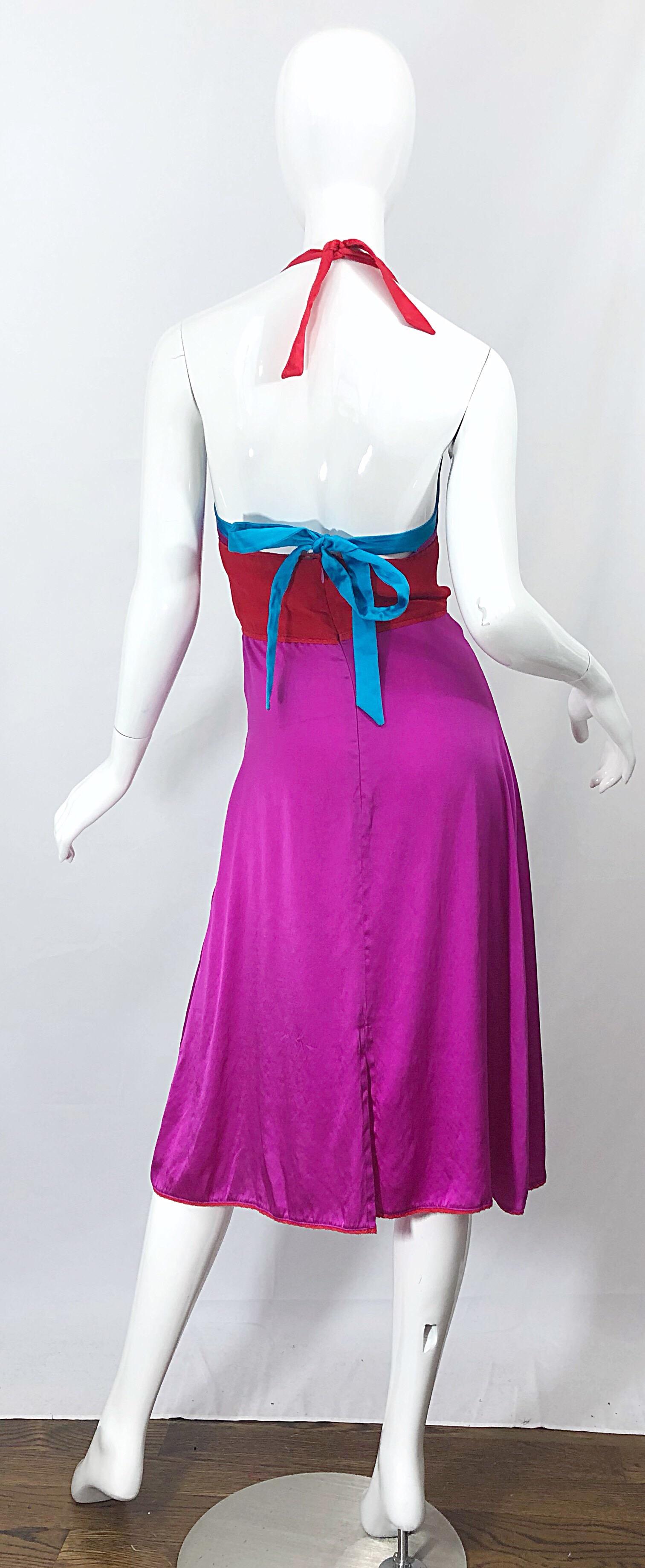 Women's 1990s Gianfranco Ferre Sexy Embroidered Hot Pink Red Blue Vintage Halter Dress