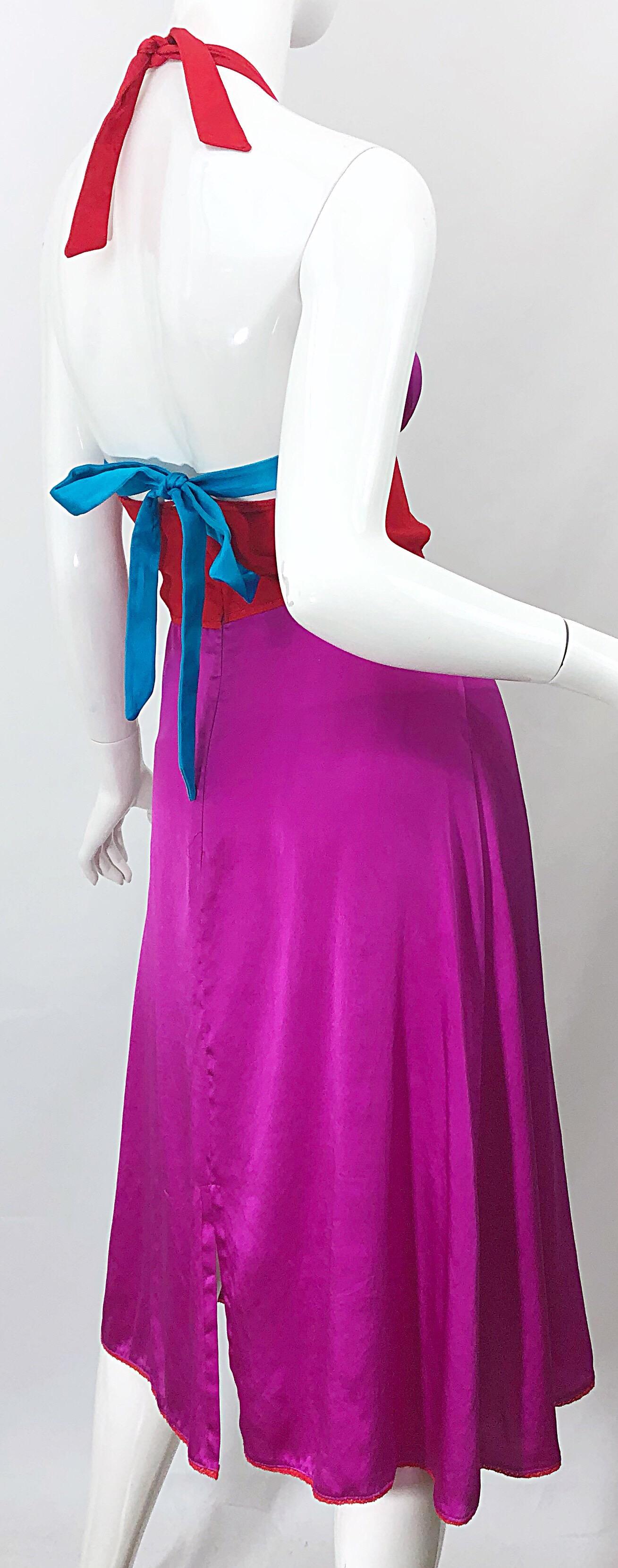 1990s Gianfranco Ferre Sexy Embroidered Hot Pink Red Blue Vintage Halter Dress 2