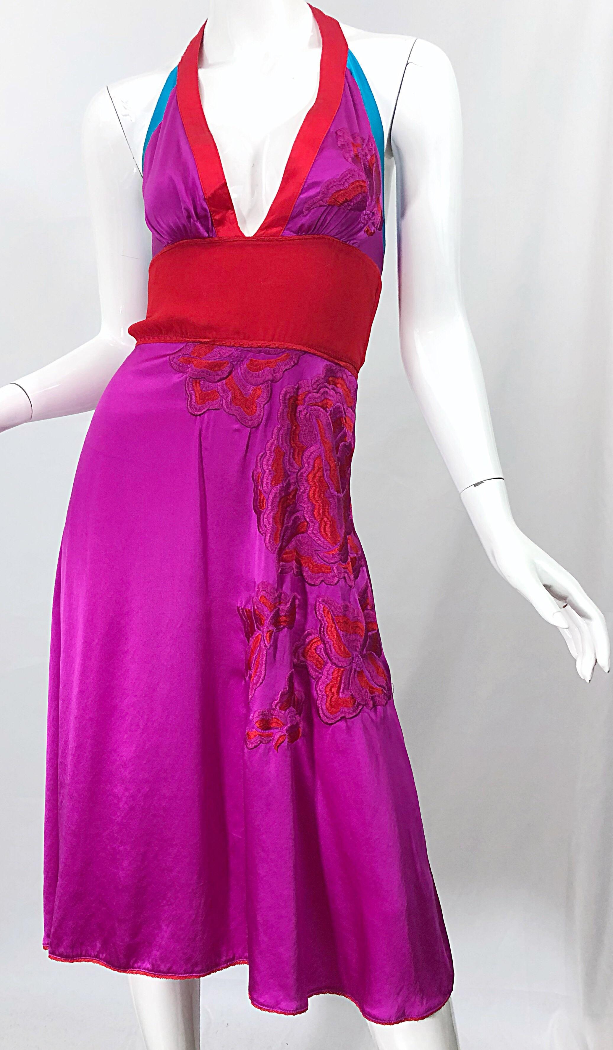 1990s Gianfranco Ferre Sexy Embroidered Hot Pink Red Blue Vintage Halter Dress 3