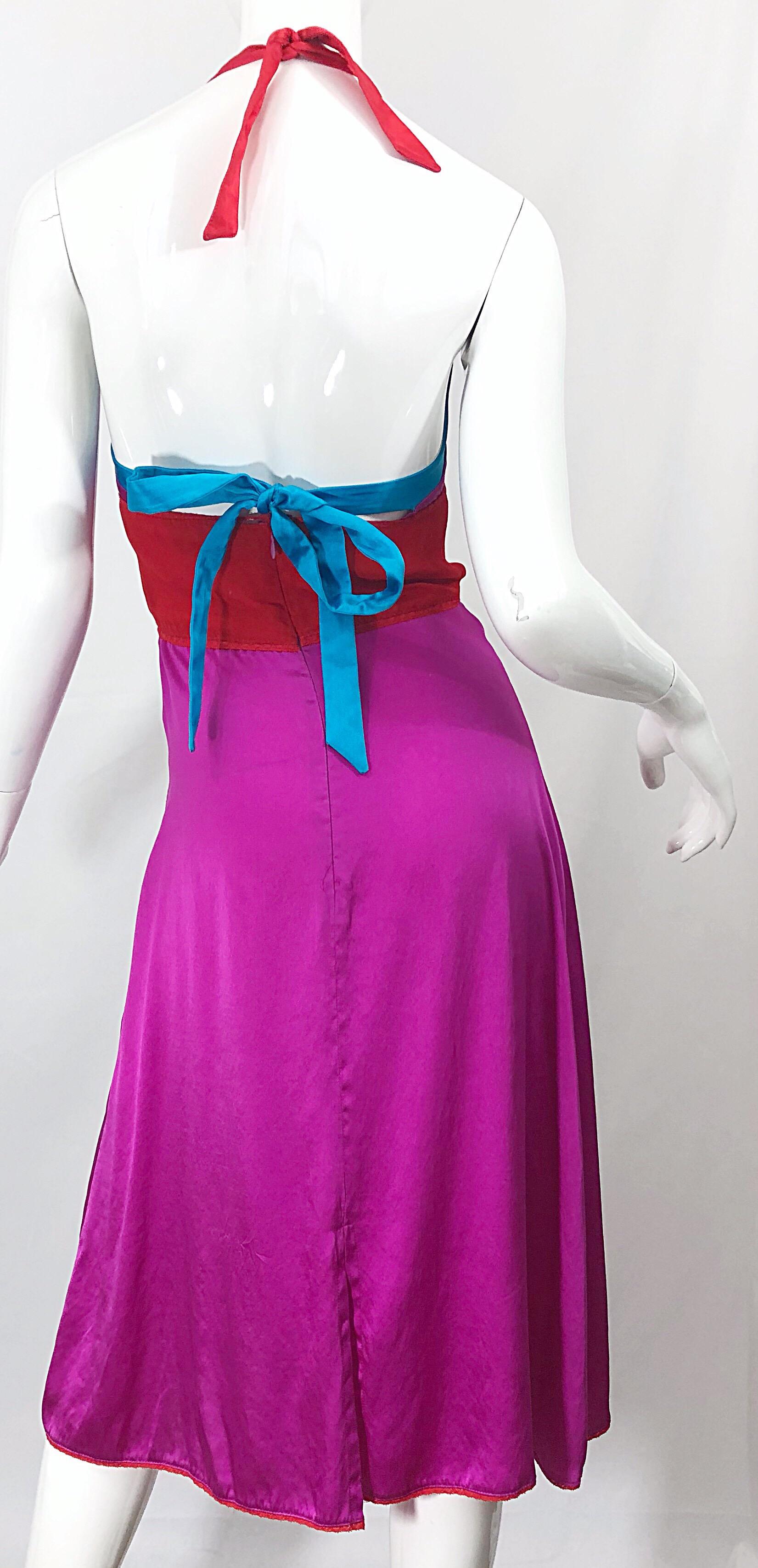 1990s Gianfranco Ferre Sexy Embroidered Hot Pink Red Blue Vintage Halter Dress 4