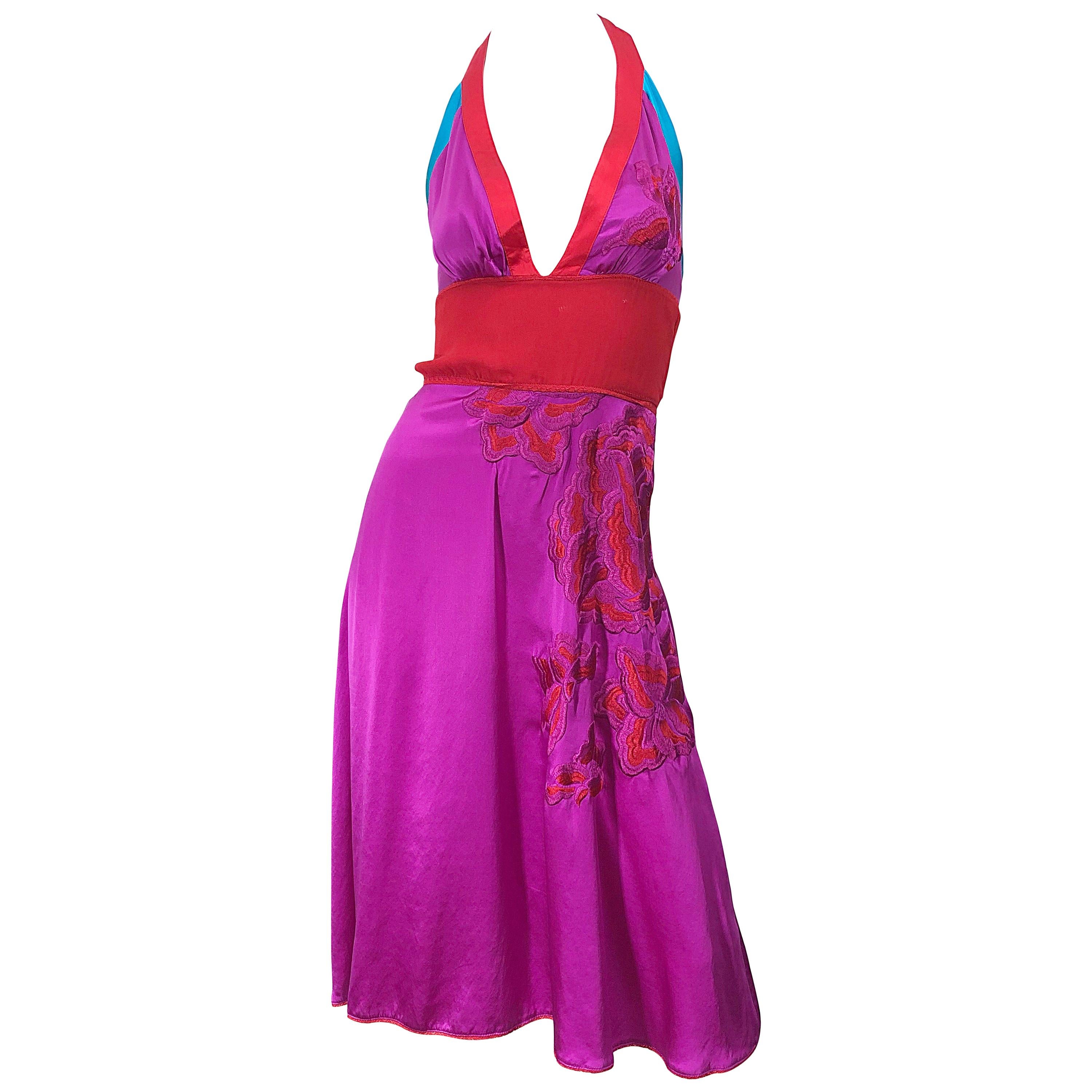 1990s Gianfranco Ferre Sexy Embroidered Hot Pink Red Blue Vintage Halter Dress