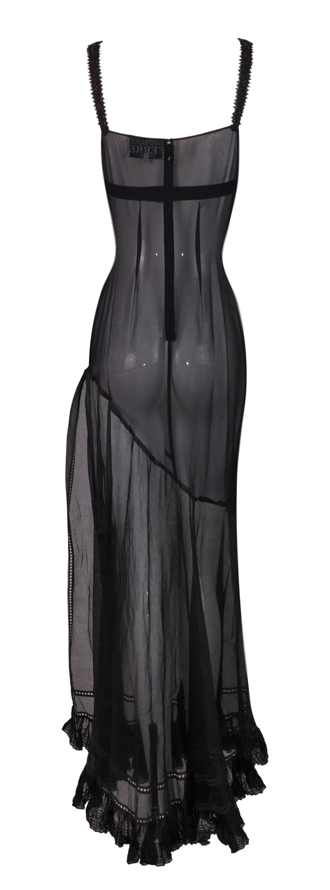 1990's Gianfranco Ferre Sheer Black Silk Beaded 1940's Style Gown Dress In Good Condition In Yukon, OK