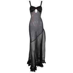 1990's Gianfranco Ferre Sheer Black Silk Beaded 1940's Style Gown Dress